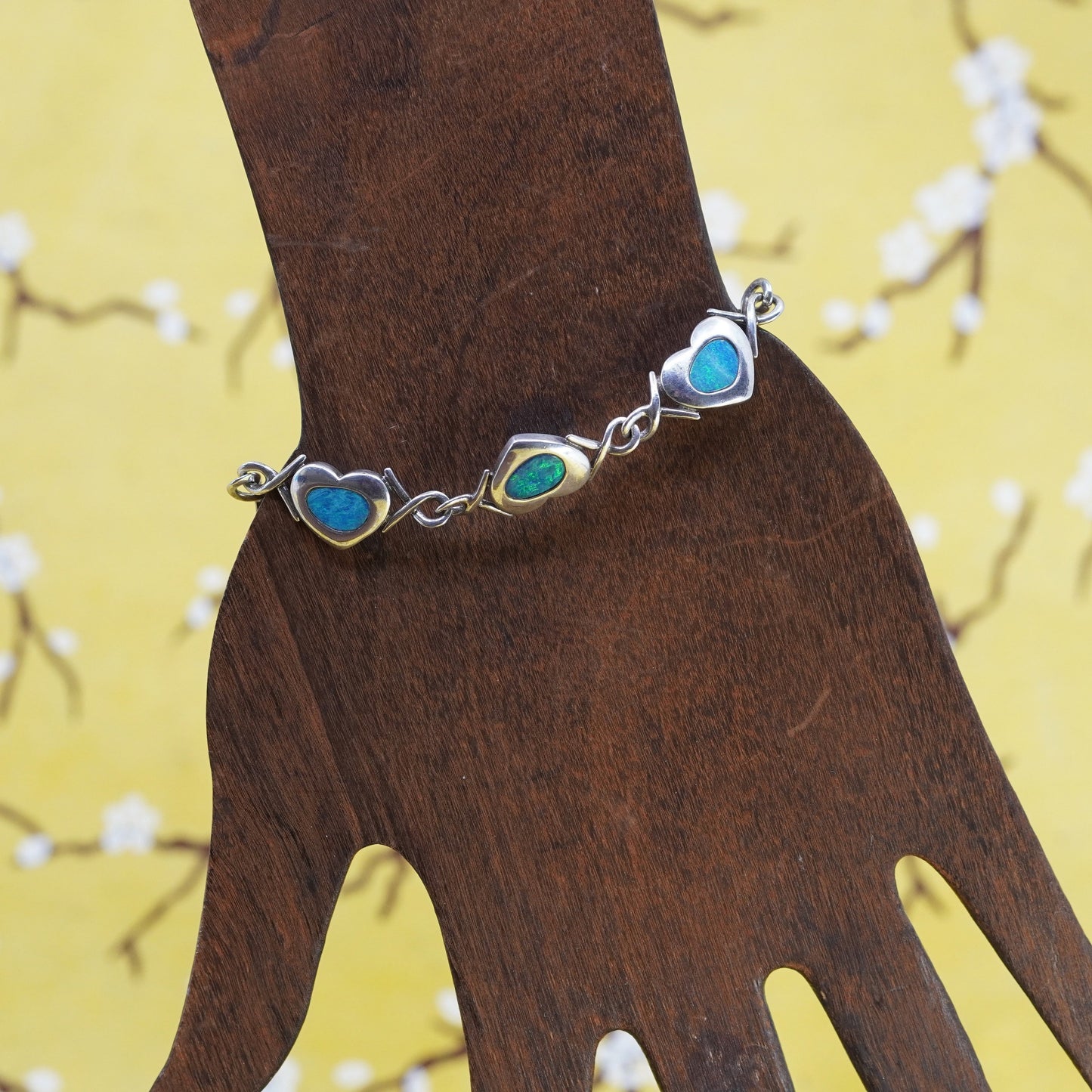 5.75”, vintage Sterling 925 silver heart chain bracelet w/ blue fire opal inlay