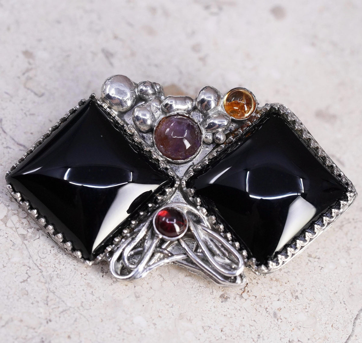 Vintage Southwestern Sterling 925 Silver Onyx Brooch Pendant Amethyst Garnet Pin