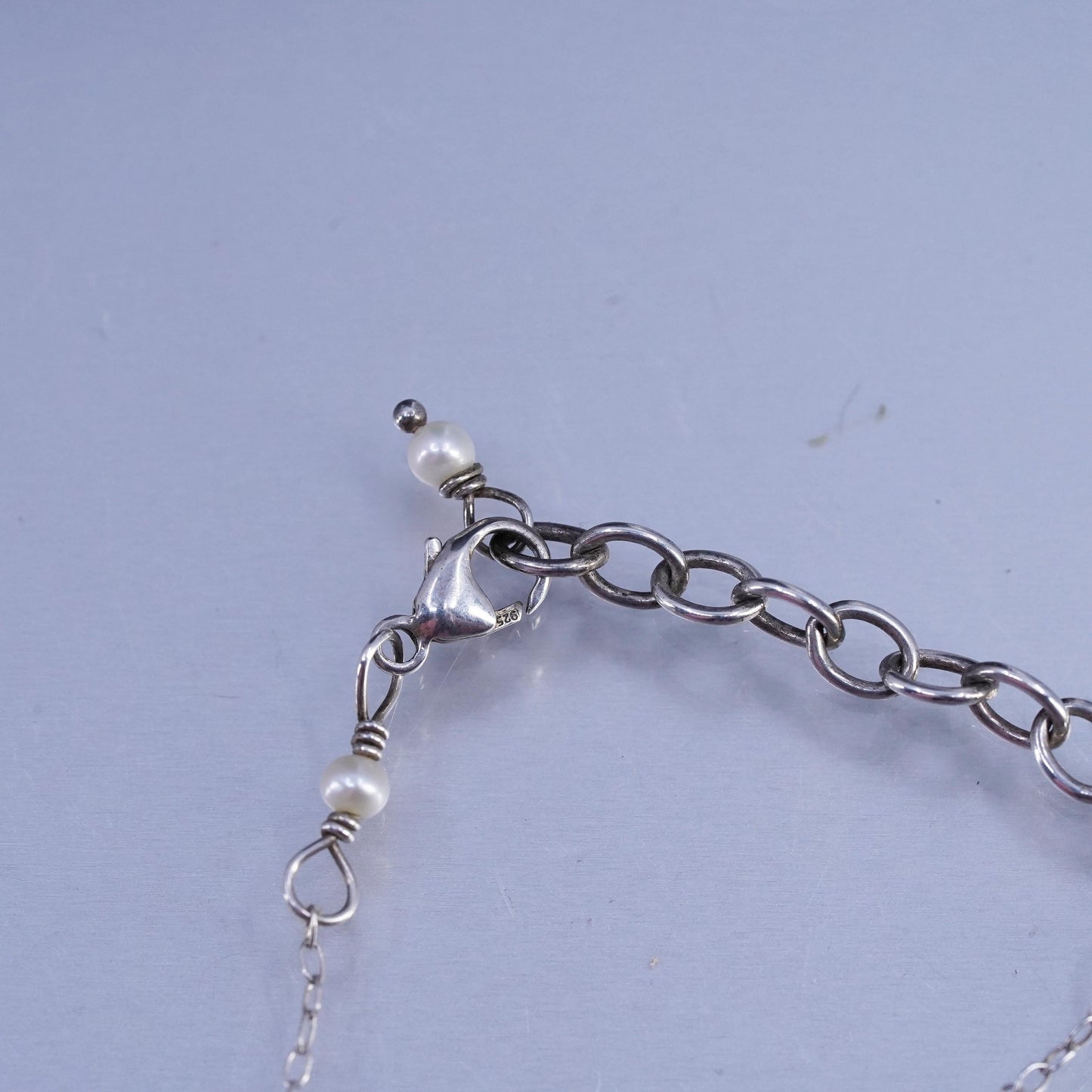 16+3", vintage Sterling 925 silver circle chain necklace Baroque pearl pendant
