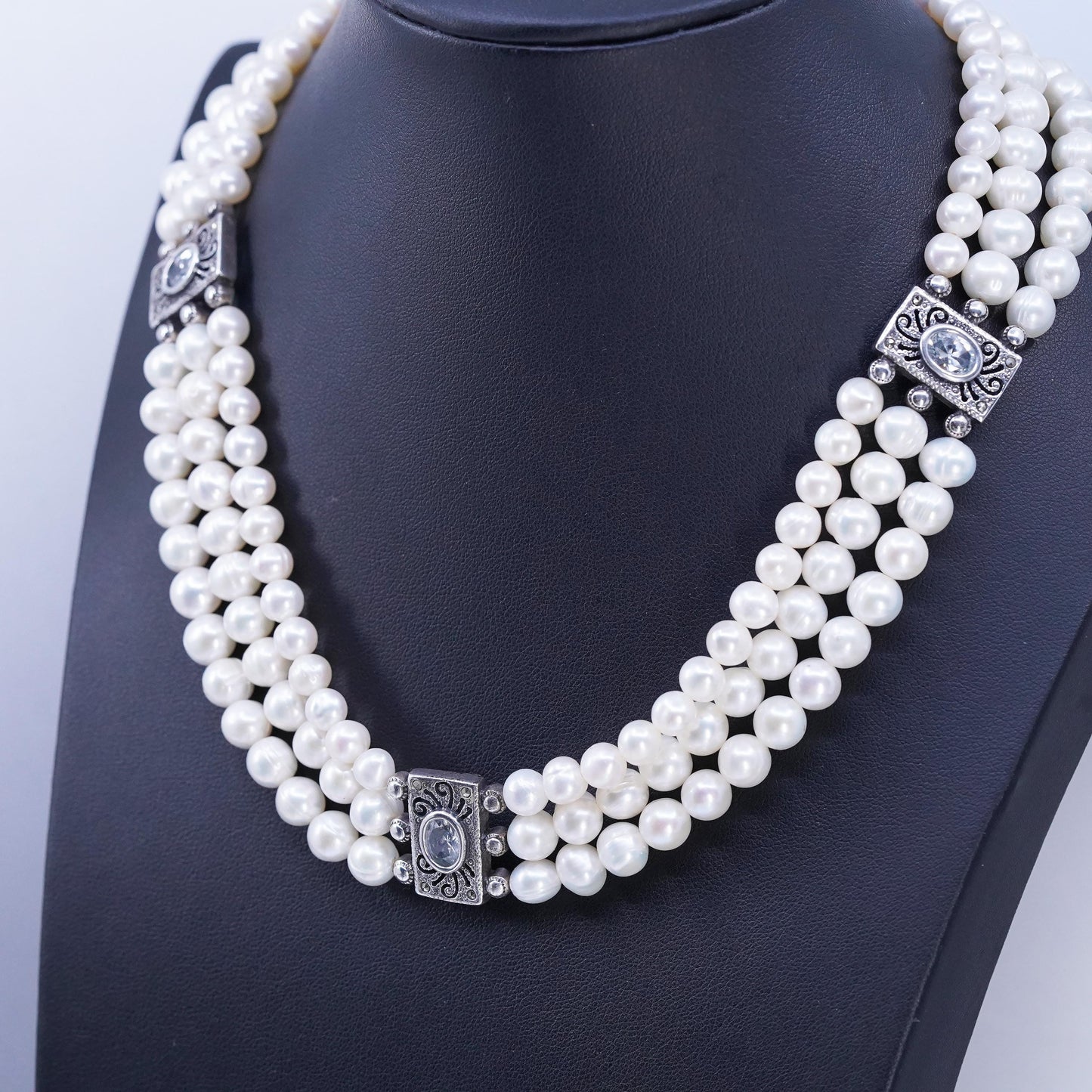 16", multi strands freshwater pearl necklace Sterling 925 silver cz marcasite