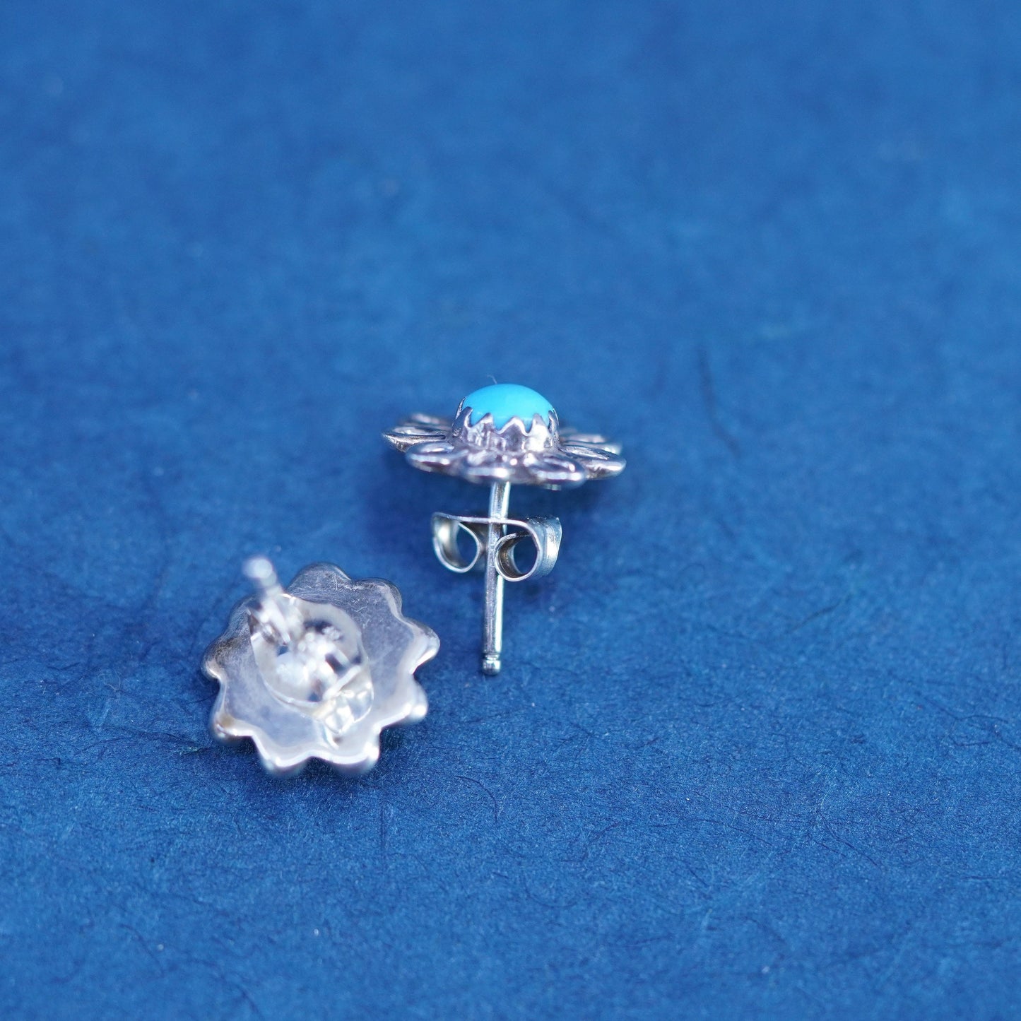 southwestern Sterling silver handmade earrings, 925 flower studs with turquoise