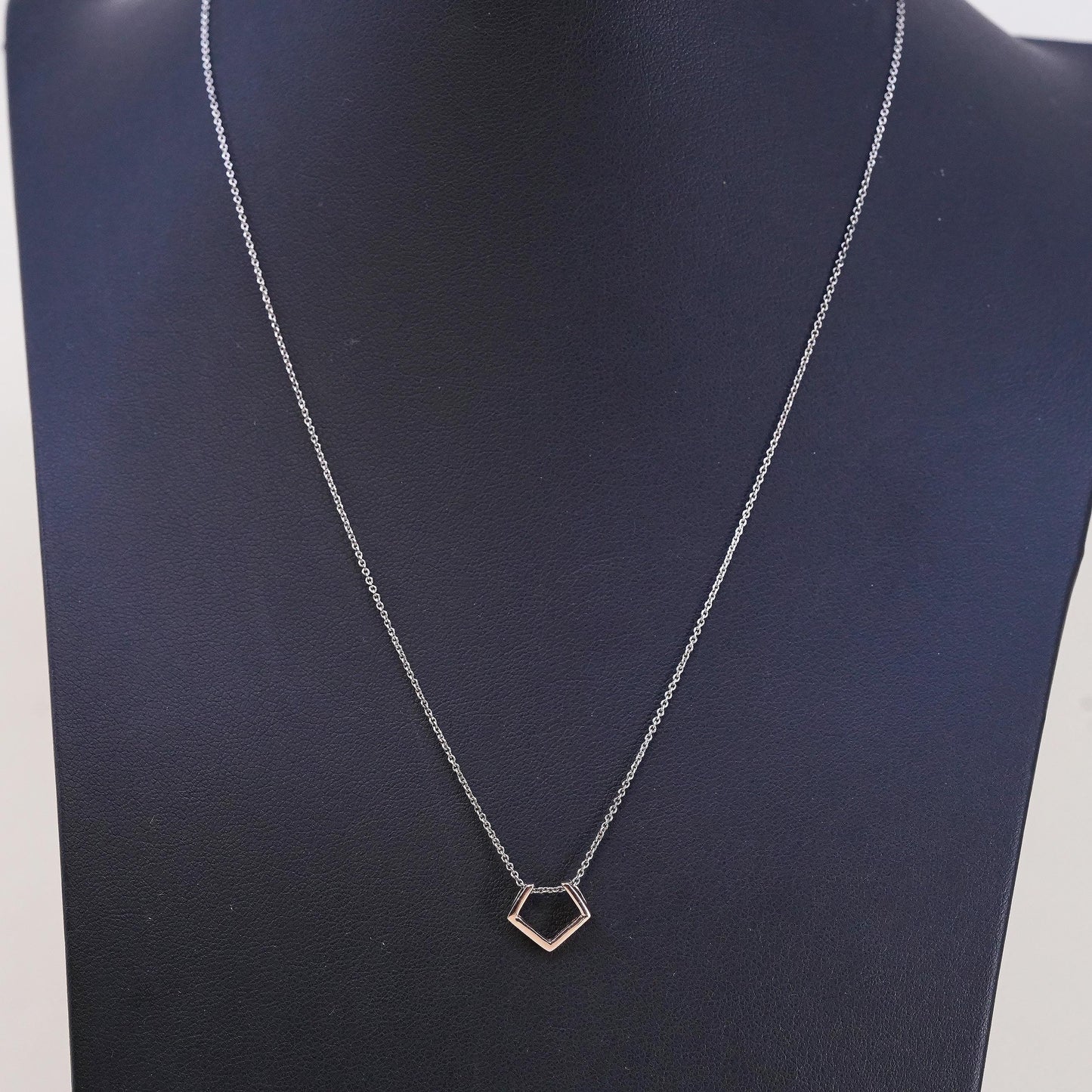 16+2”,, vintage Two Tone sterling silver necklace, 925 circle square Pendant
