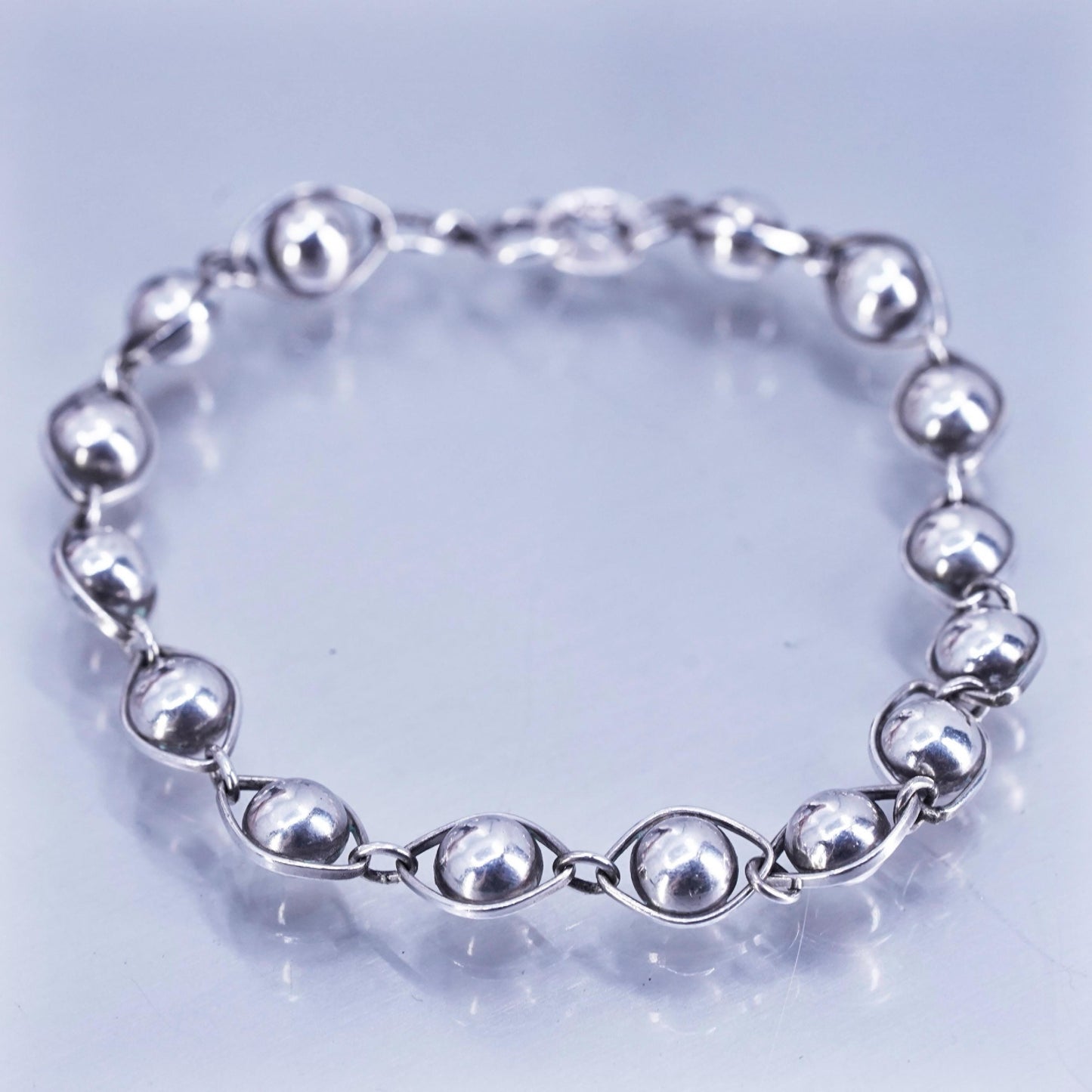 6.75”, Vintage Sterling 925 silver handmade bracelet, chain with 6mm beads