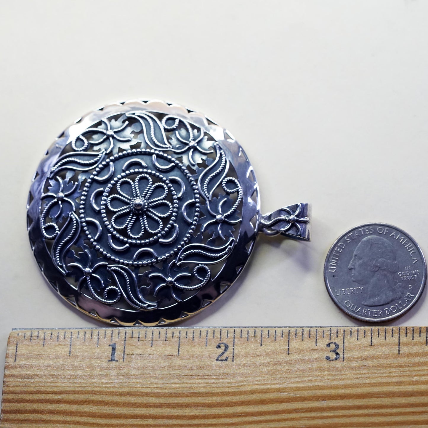 vintage sterling silver handmade huge pendant, 925 filigree floral circle