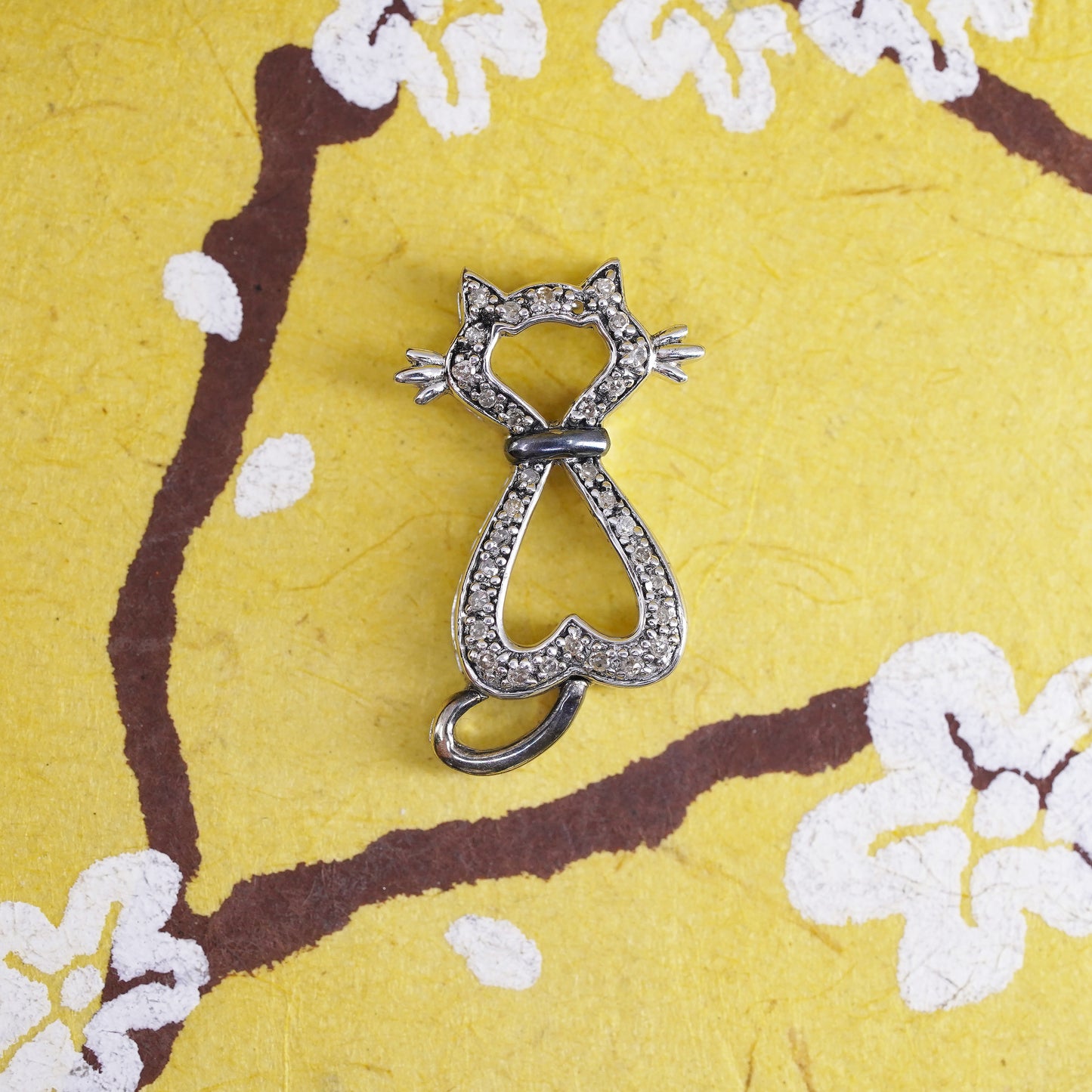 Vintage Sterling silver handmade pendant, 925 cat kitty with diamonds