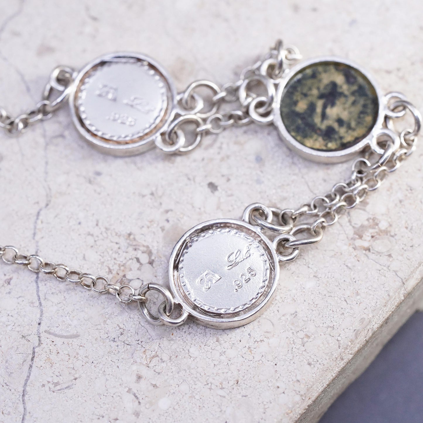 16", VTG Sarda Sterling silver necklace, 925 circle chain Roman glass pendant