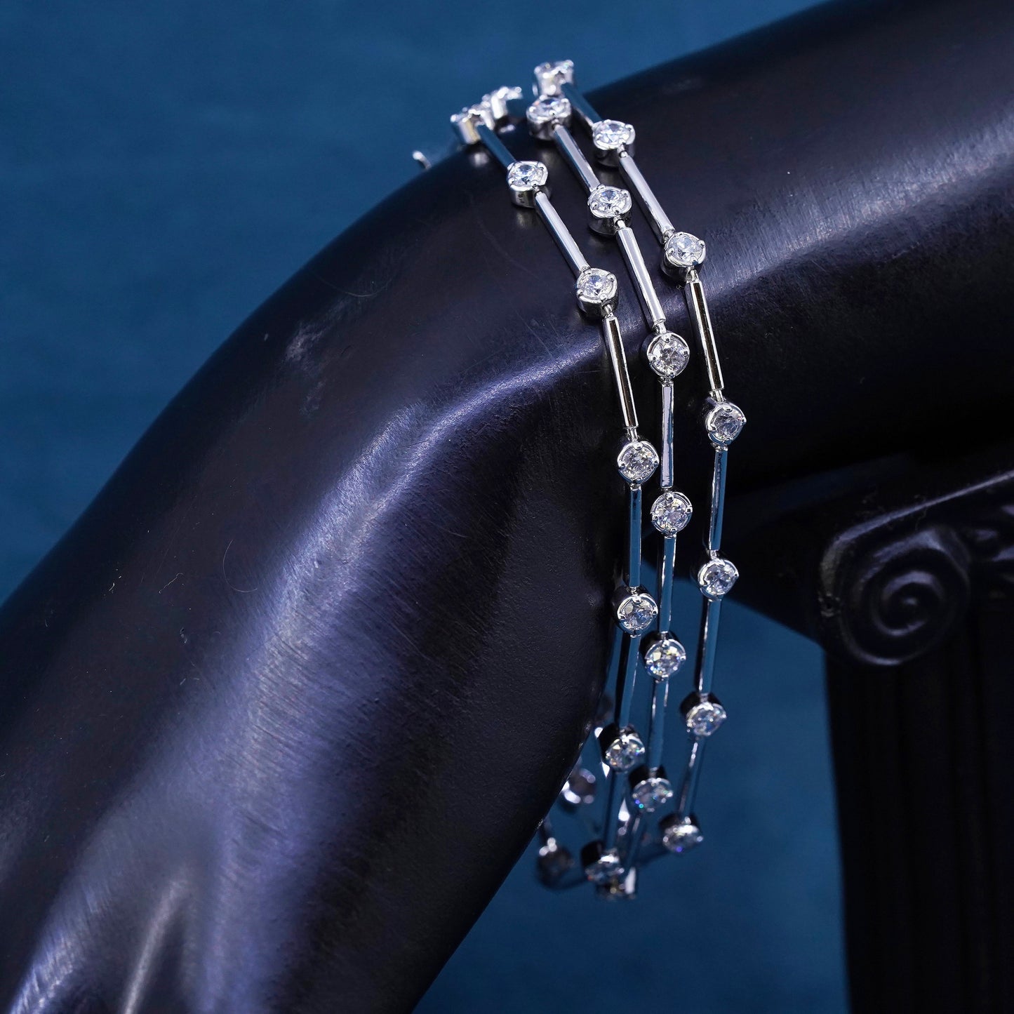 7.25", vintage Sterling 925 silver tennis multi strands bracelet with clear cz