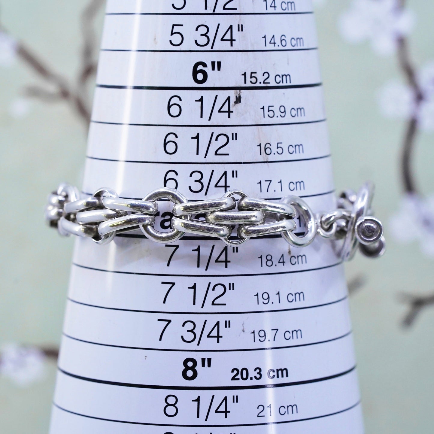 7" 11mm, Vintage sterling 925 silver double circle bracelet with toggle closure