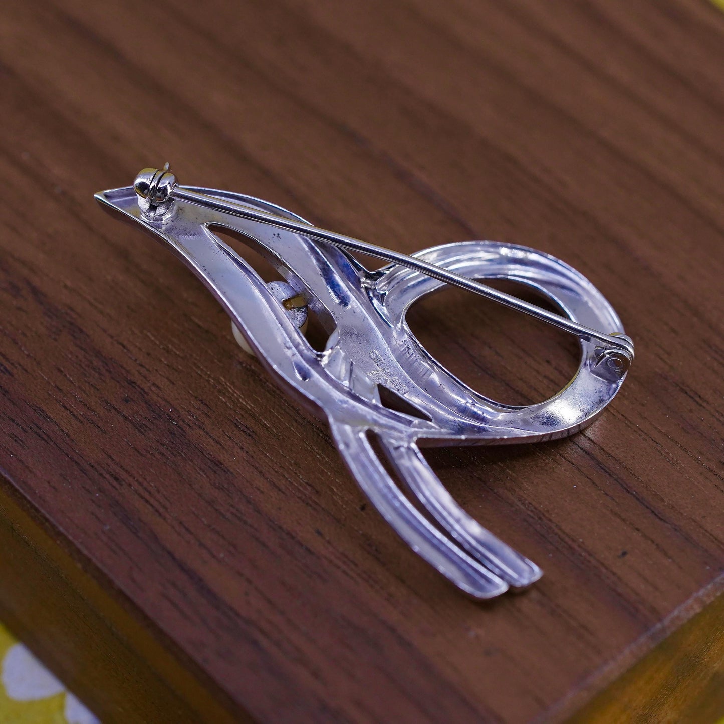 Vintage handmade sterling silver brooch, 925 ribbon brooch with faux pearl