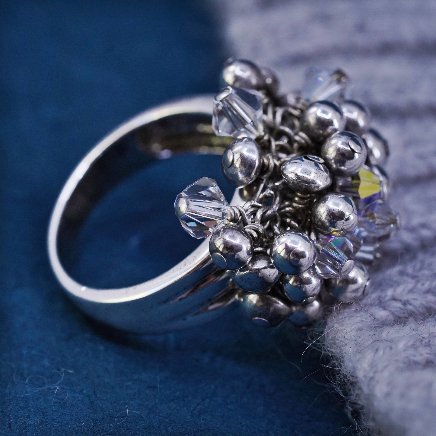 Size 9, vintage Sterling silver ring, 925 cocktail ring cluster bead charms
