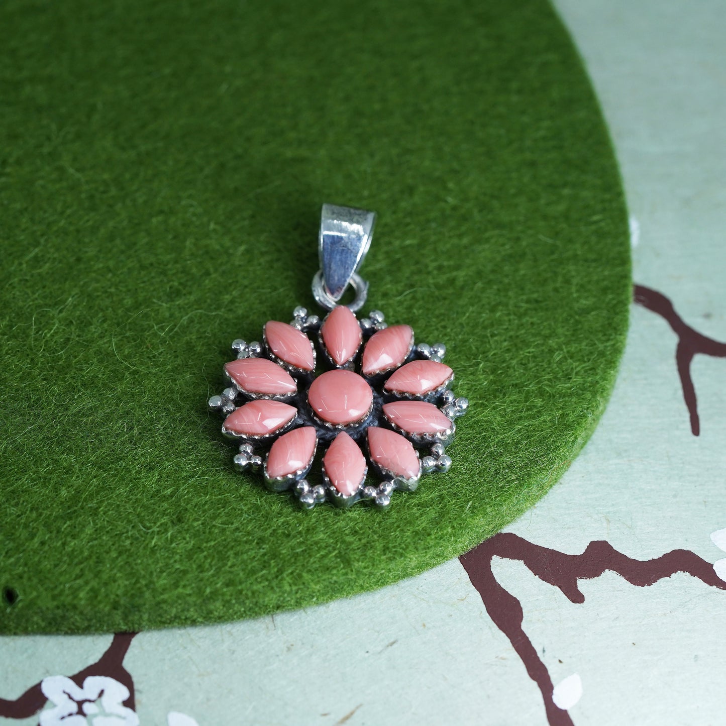 Natuve American southwestern sterling silver 925 handmade flower pendant coral