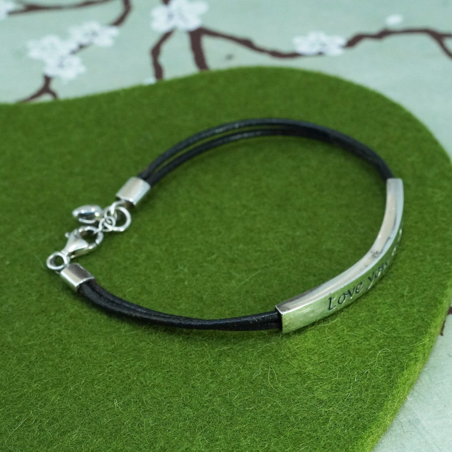 7.5”, black leather chain bracelet sterling 925 silver slide bar love you more