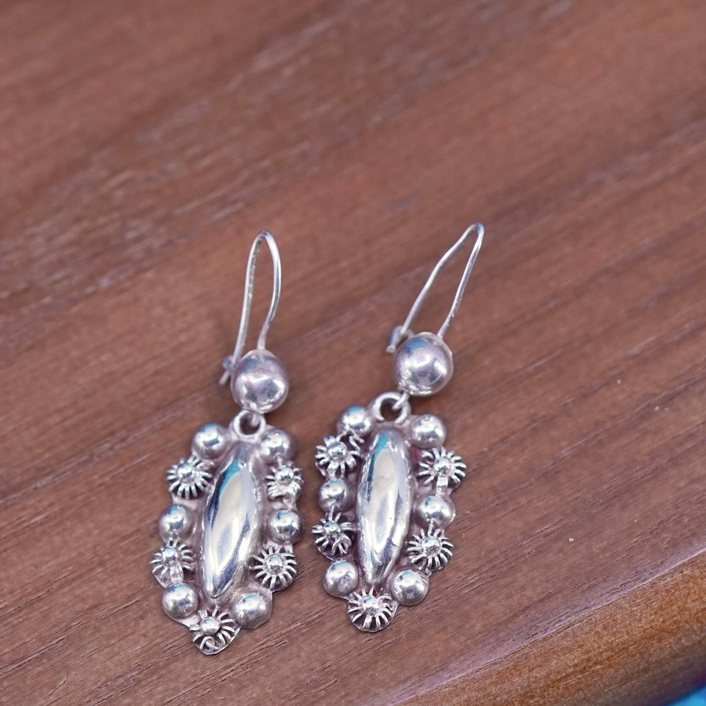 Vintage sterling silver handmade earrings, 925 marquise shaped beaded drop