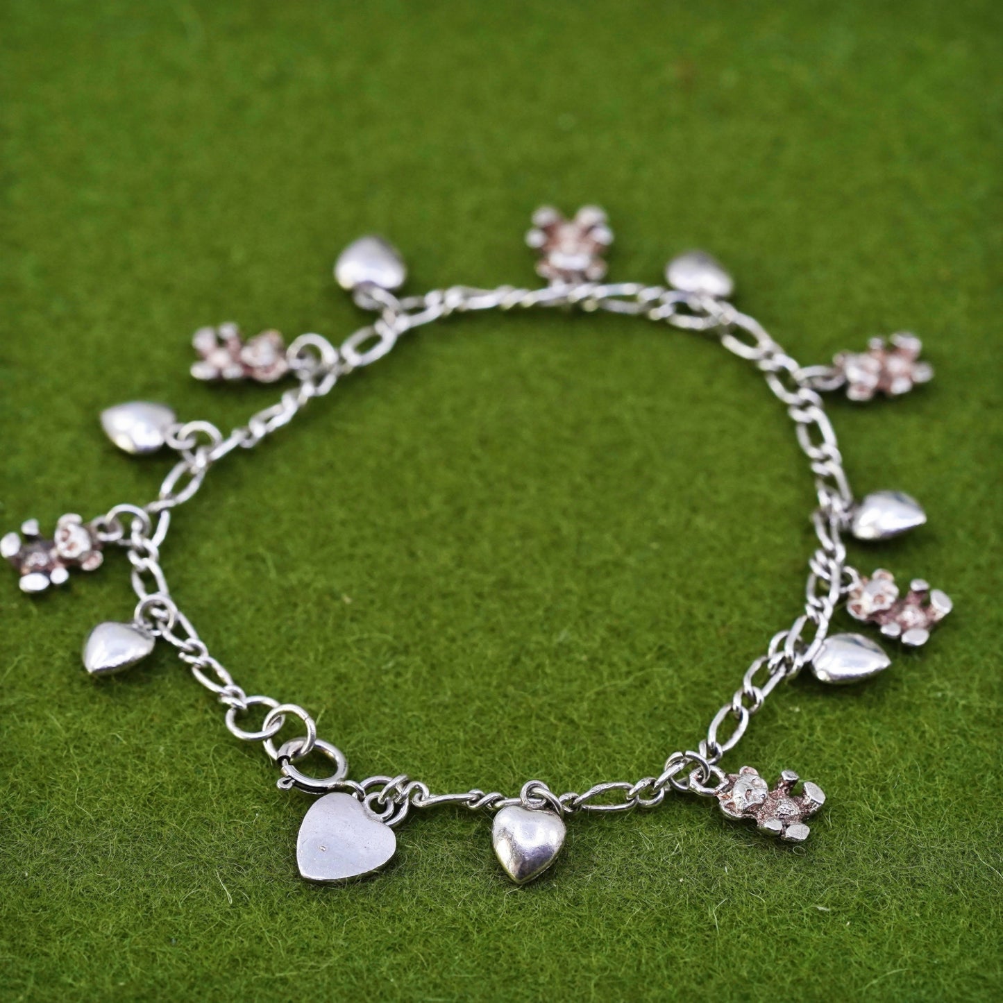 7", Vintage sterling 925 silver figaro bracelet with heart teddy bear charms