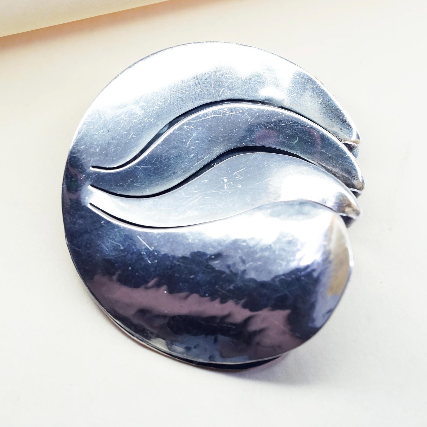 sterling silver brooch, 925 modern abstract wave layered circle, Christmas pin