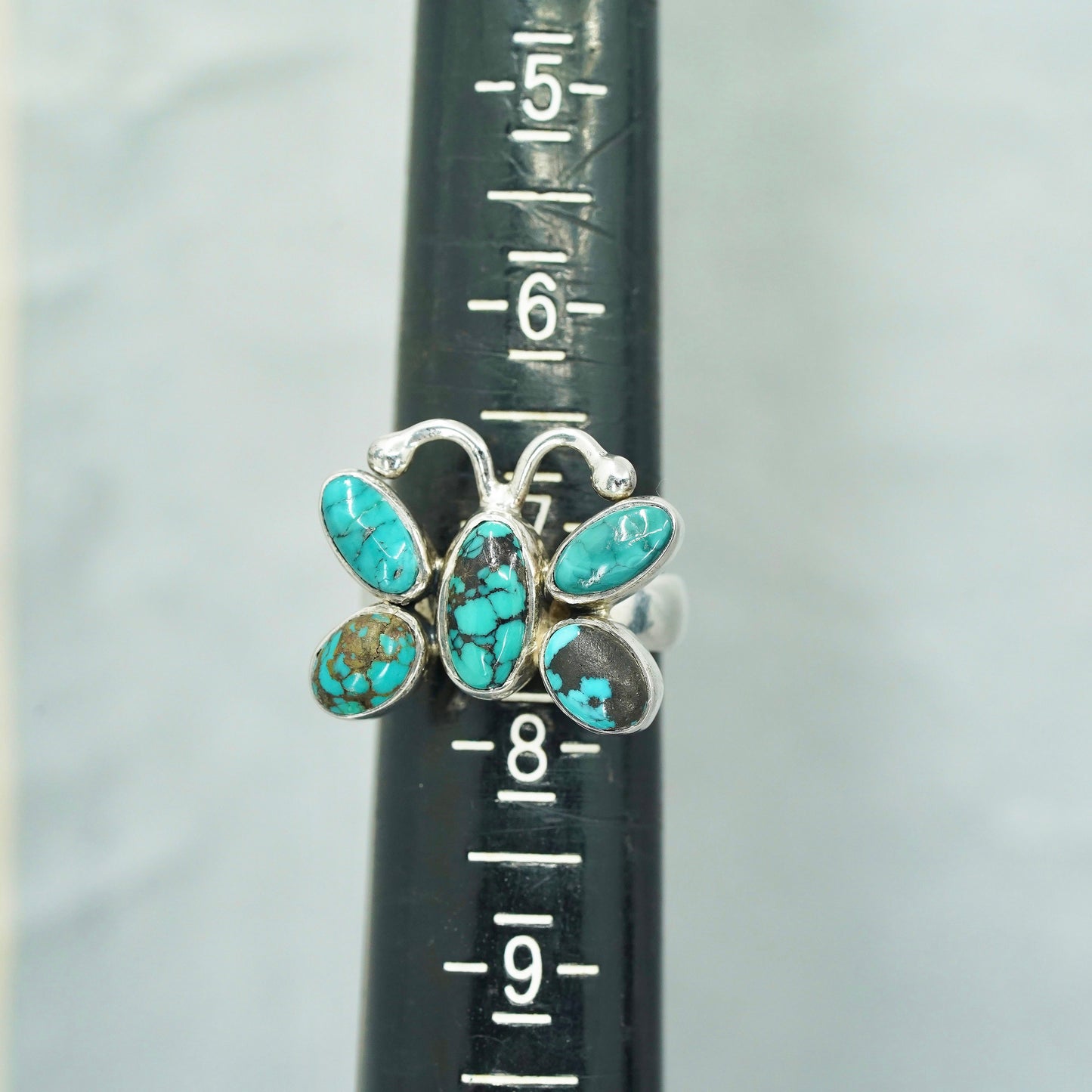 Size 7.25, Native American navajo Sterling 925 silver butterfly ring turquoise