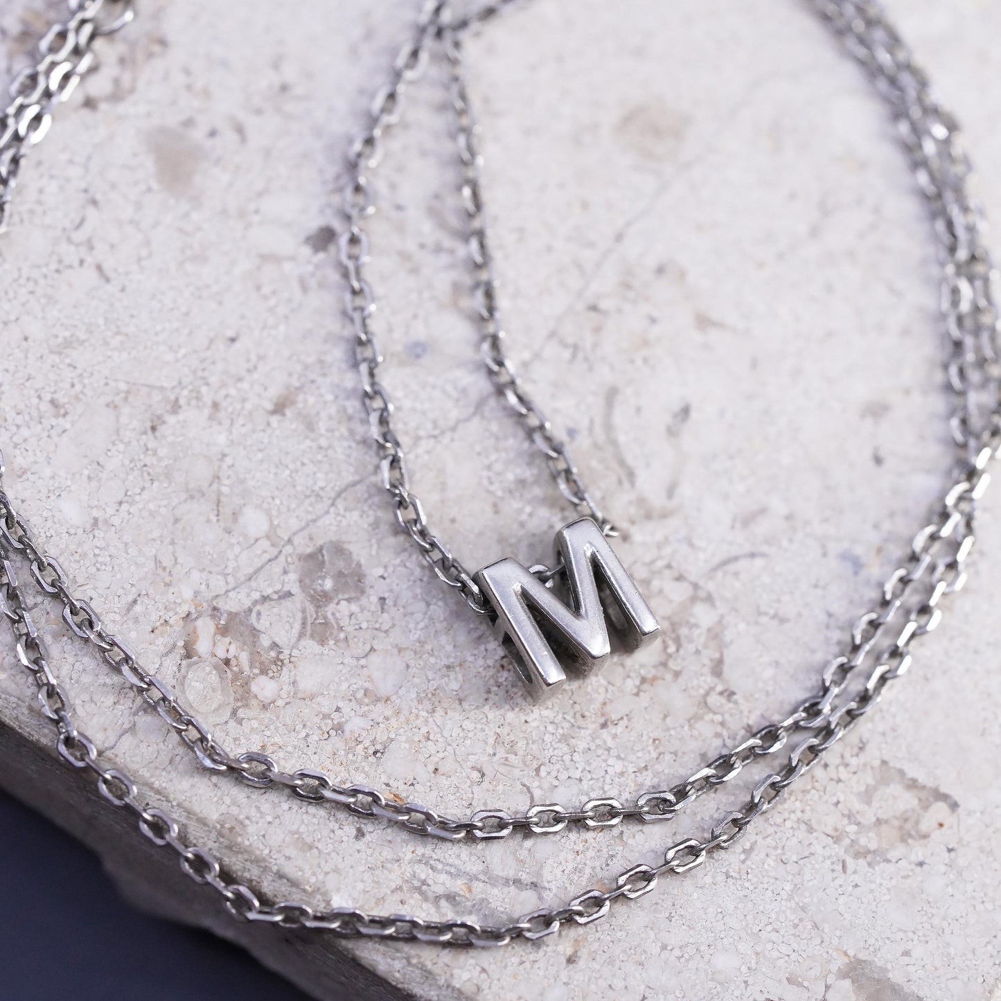 16+2", 1mm, vintage Sterling silver necklace, 925 circle chain w/ tag letter M