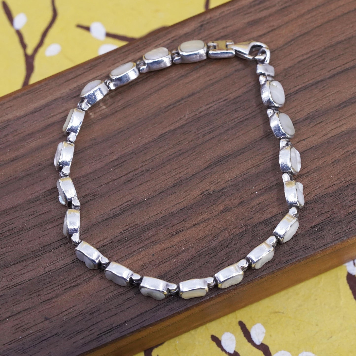 7.5”, Peyote Bird Sterling 925 silver tennis bracelet mother of pearl inlay