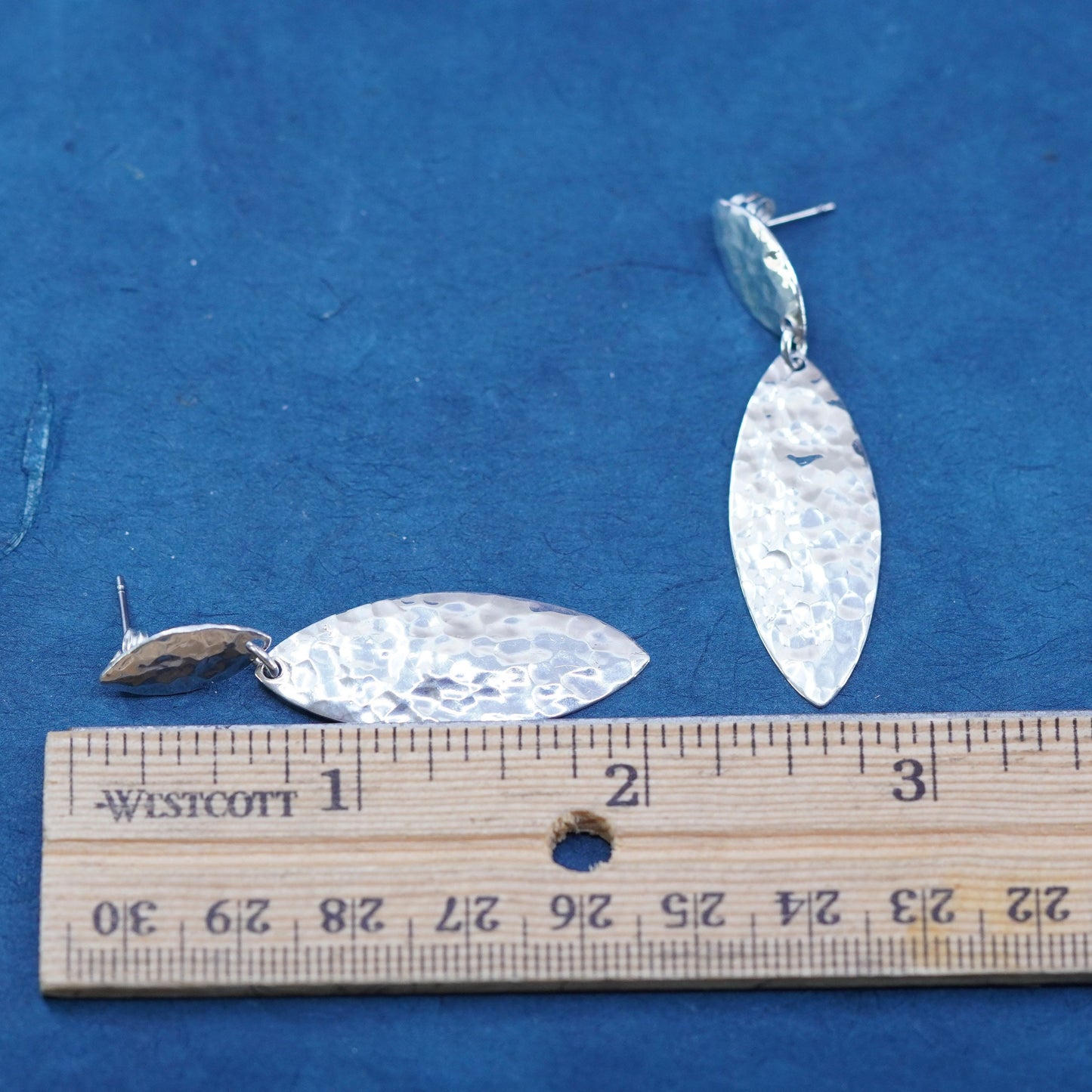 Vintage sterling silver handmade earrings, 925 hammered marquise shaped drops