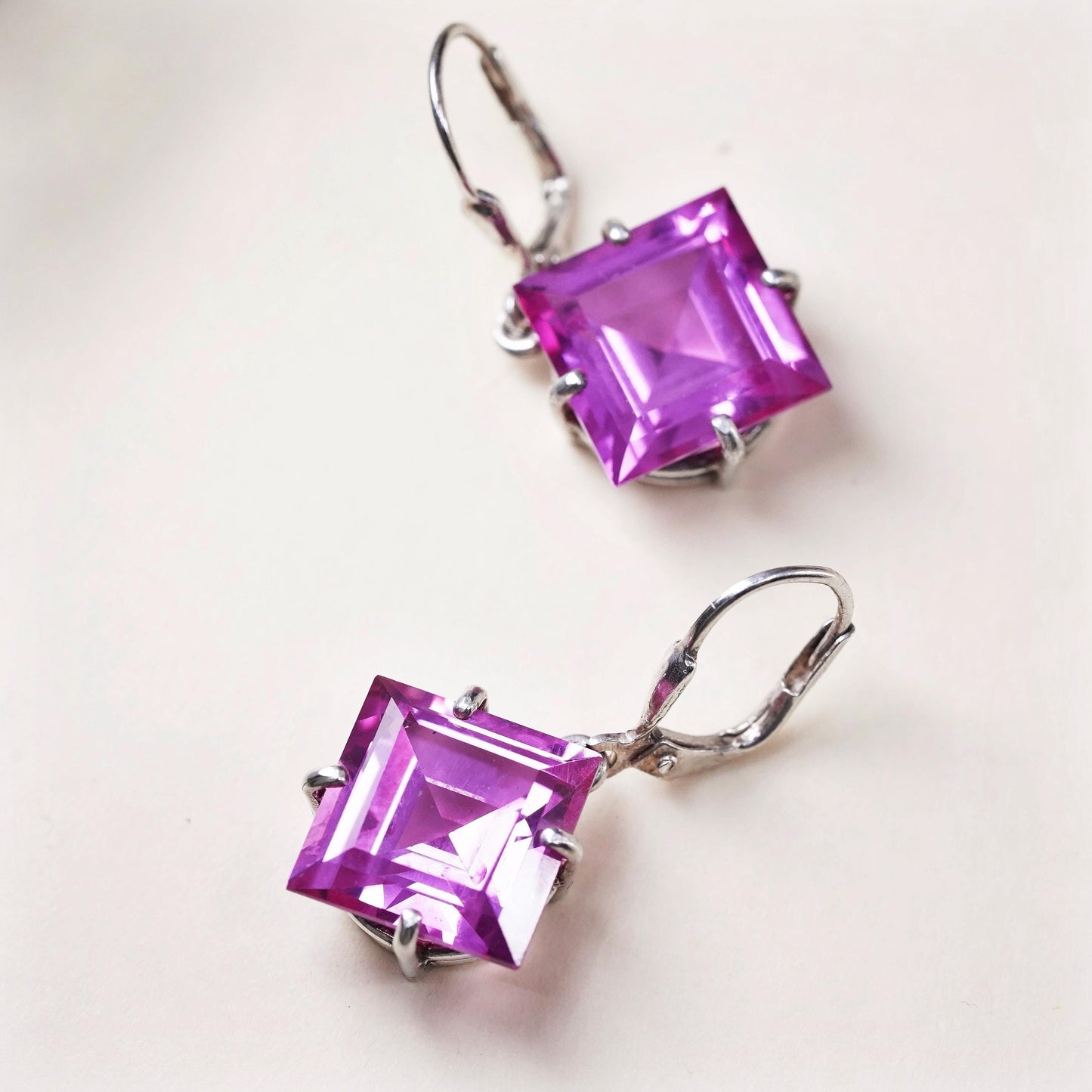 Vintage Sterling 925 silver handmade square earrings with pink crystal