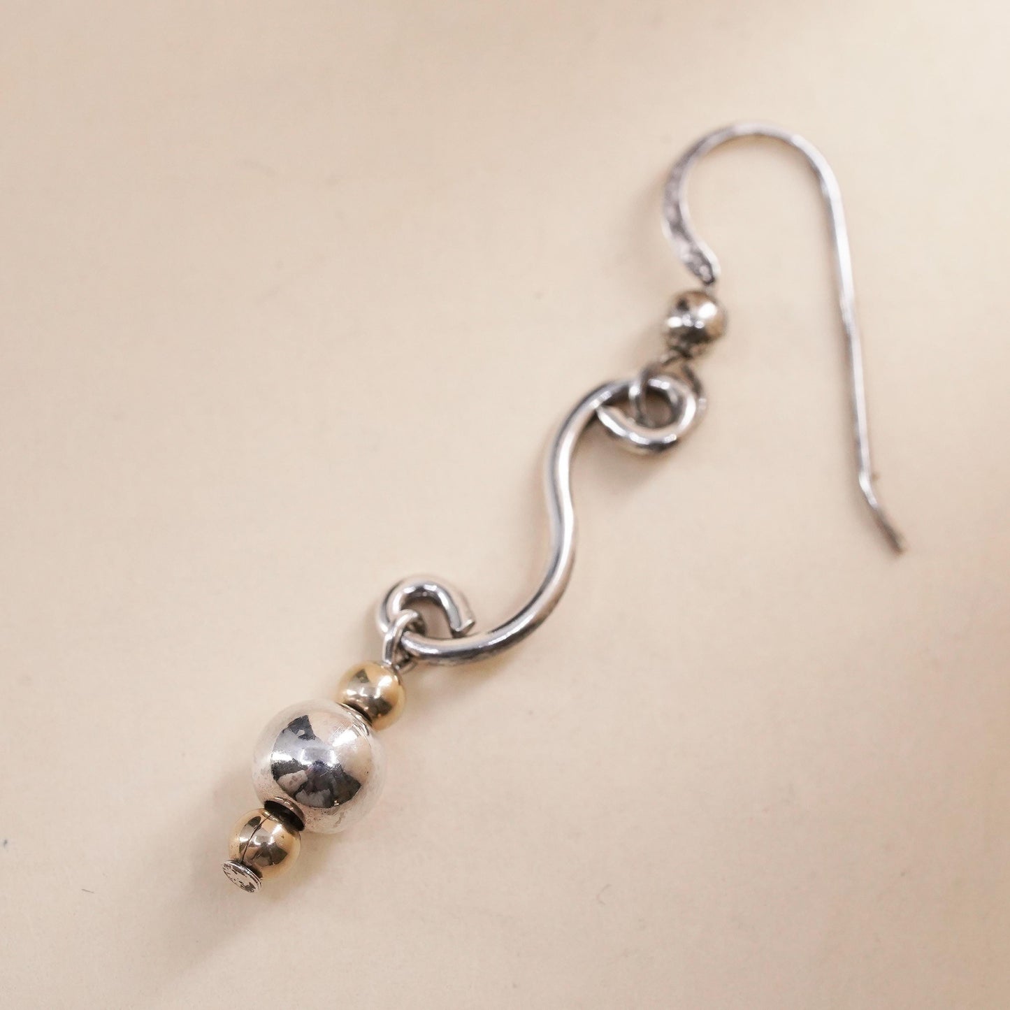 Vintage two tone sterling silver handmade single earring 14K yellow gold beads