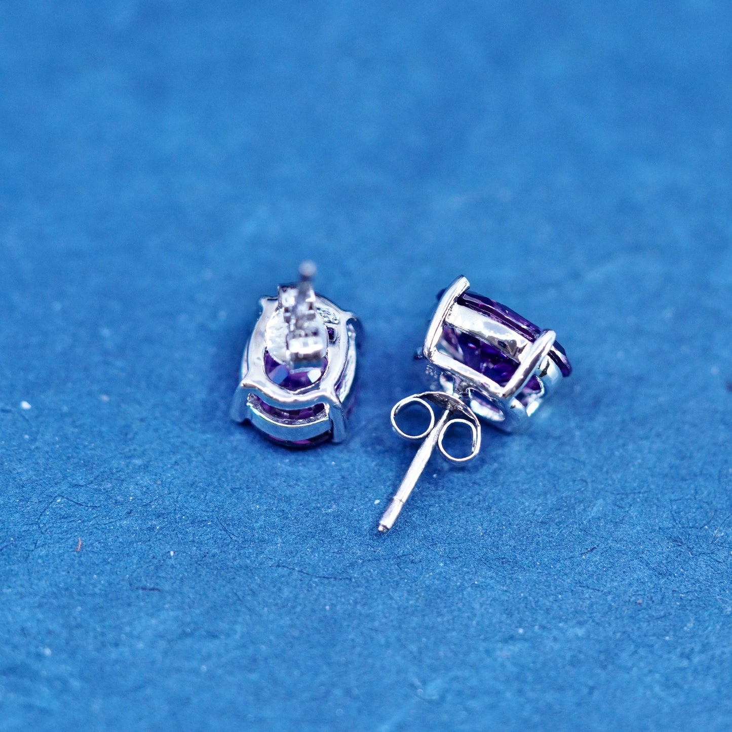 Vintage sterling silver handmade earrings, 925 oval studs with amethyst