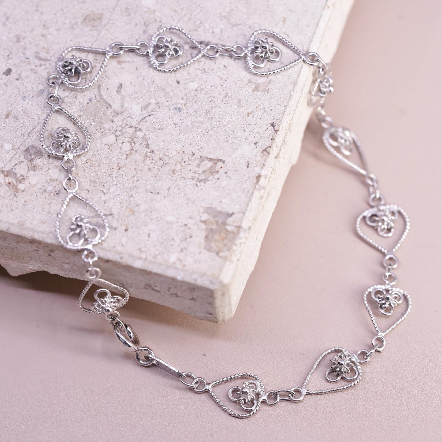 8.25", vintage sterling silver handmade bracelet, 925 filigree heart bracelet
