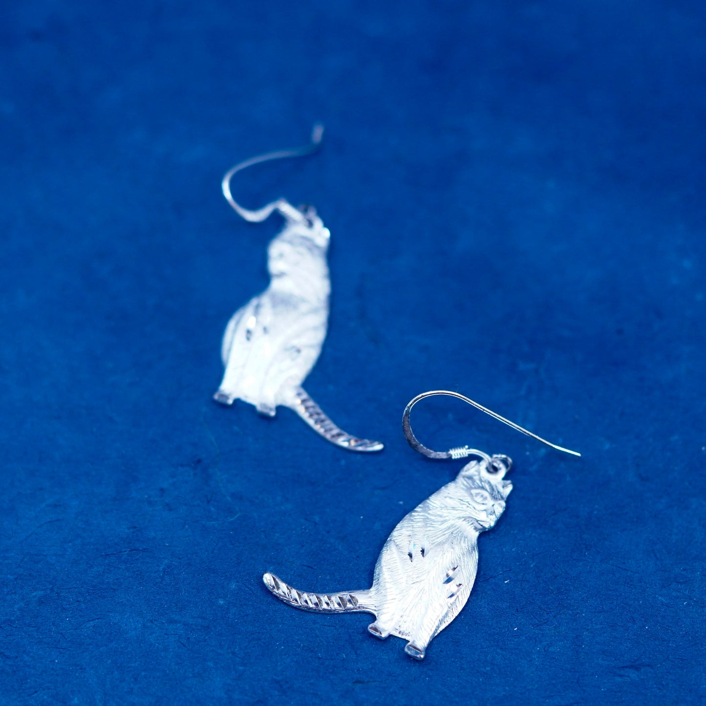Vintage sterling silver handmade earrings, 925 kitty cat dangles