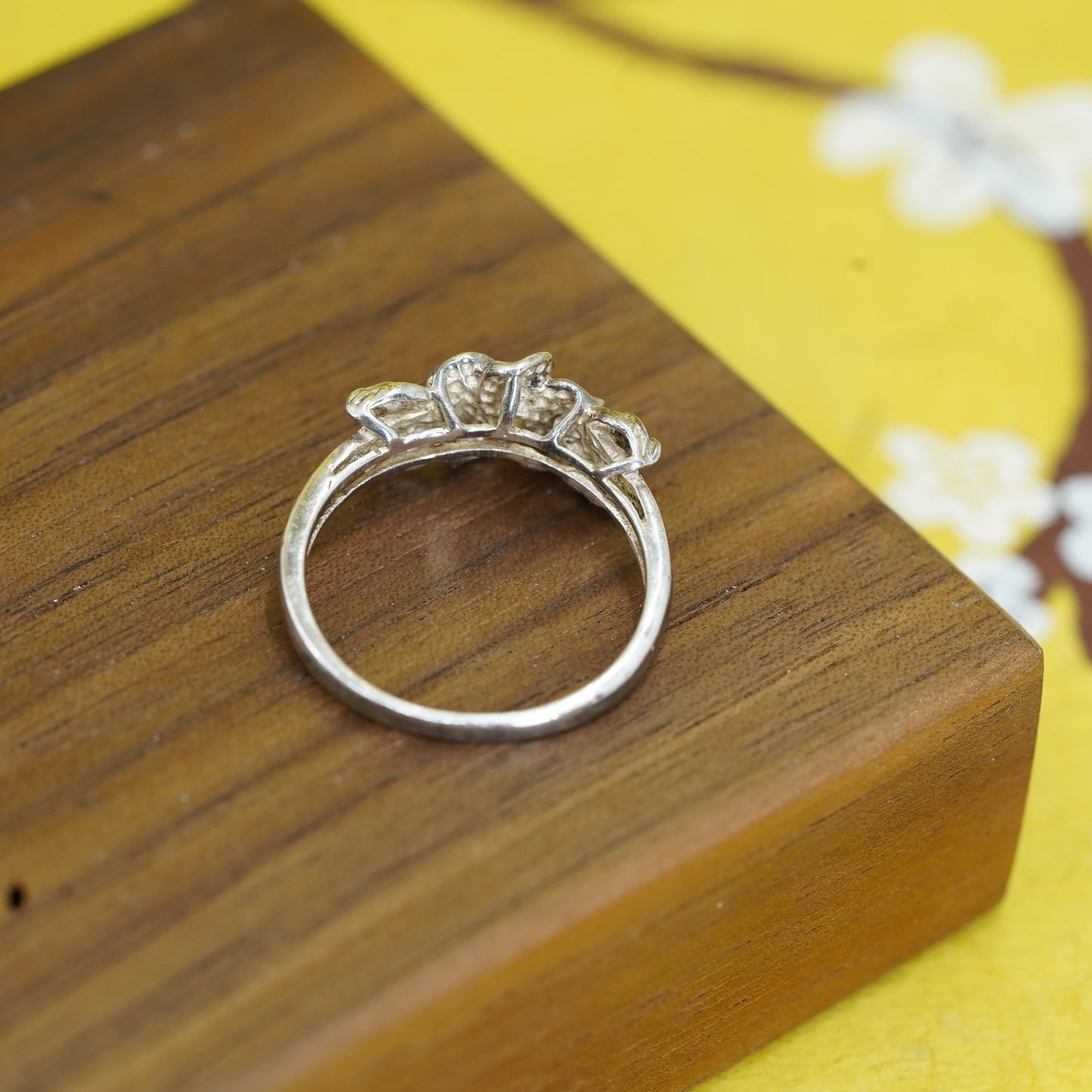Size 8, vintage Sterling silver handmade ring, 925 plumeria flower band with cz