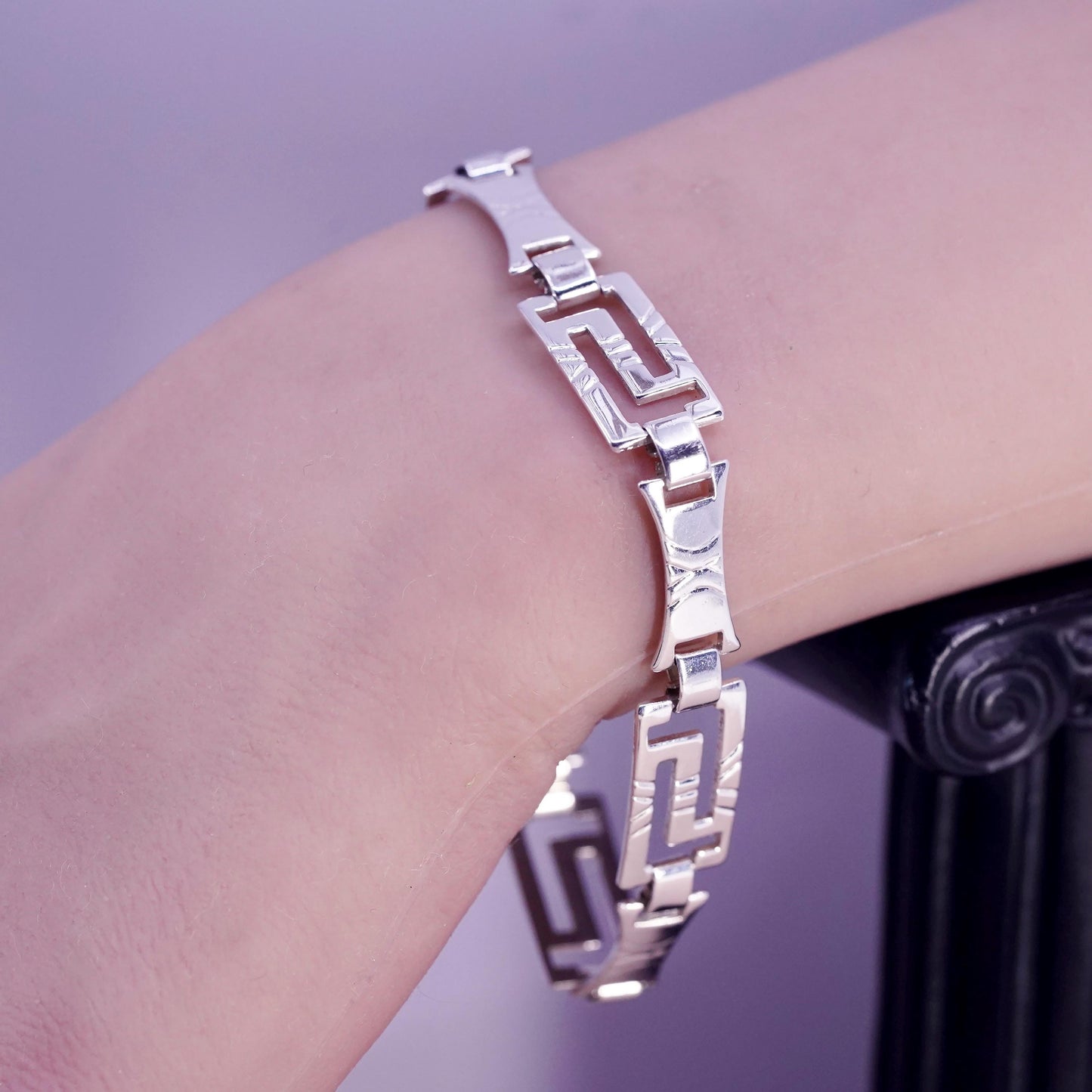 7.5”, vintage Sterling silver tennis bracelet, 925 Greek key patterned link