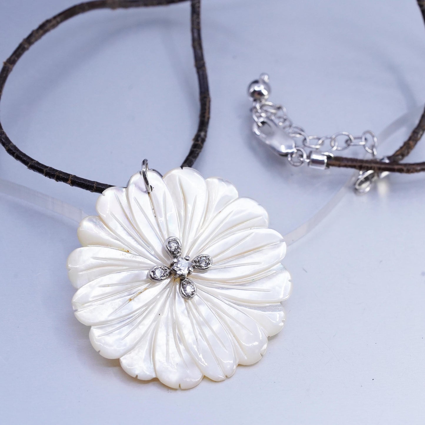 16+2", 925 Sterling Silver Leather Necklace carved mother of pearl flower cz