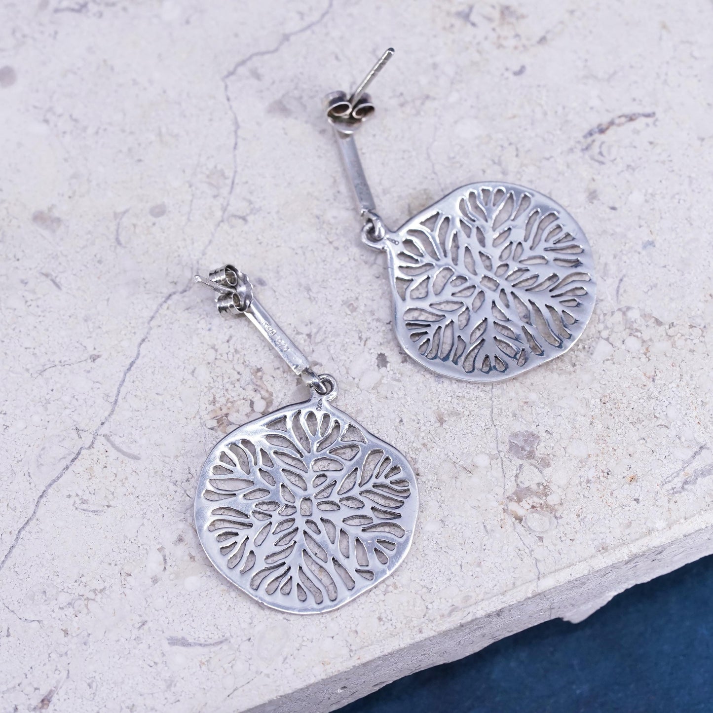 Vintage Sterling silver handmade earrings, 925 filigree leafy drops