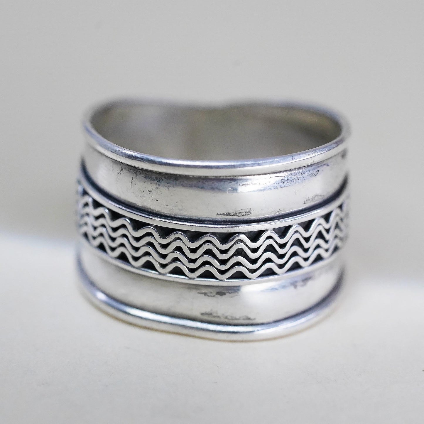Size 6, Wide Vintage Sterling Silver Band Ring, Scroll Filigree, Unisex Jewelry