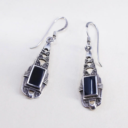 Vintage Sterling 925 silver handmade earrings with onyx and marcasites