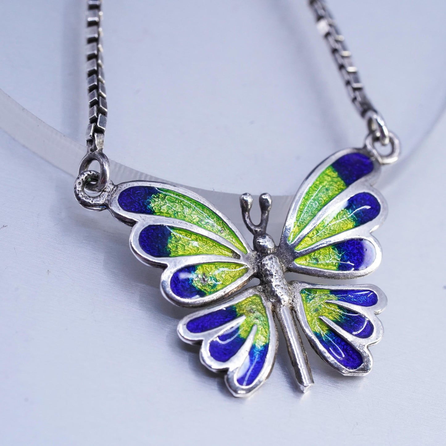 16”, vintage Sterling 925 silver box chain necklace enamel butterfly pendant