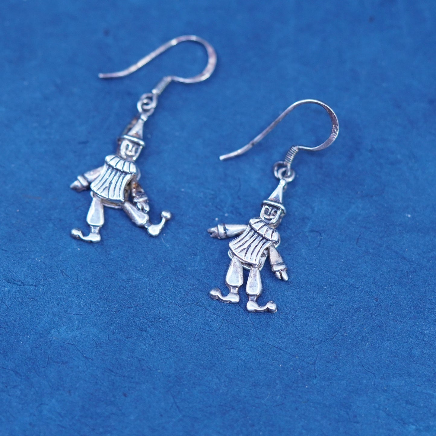 Vintage sterling silver handmade earrings 925 dancing clowns drop movable joint