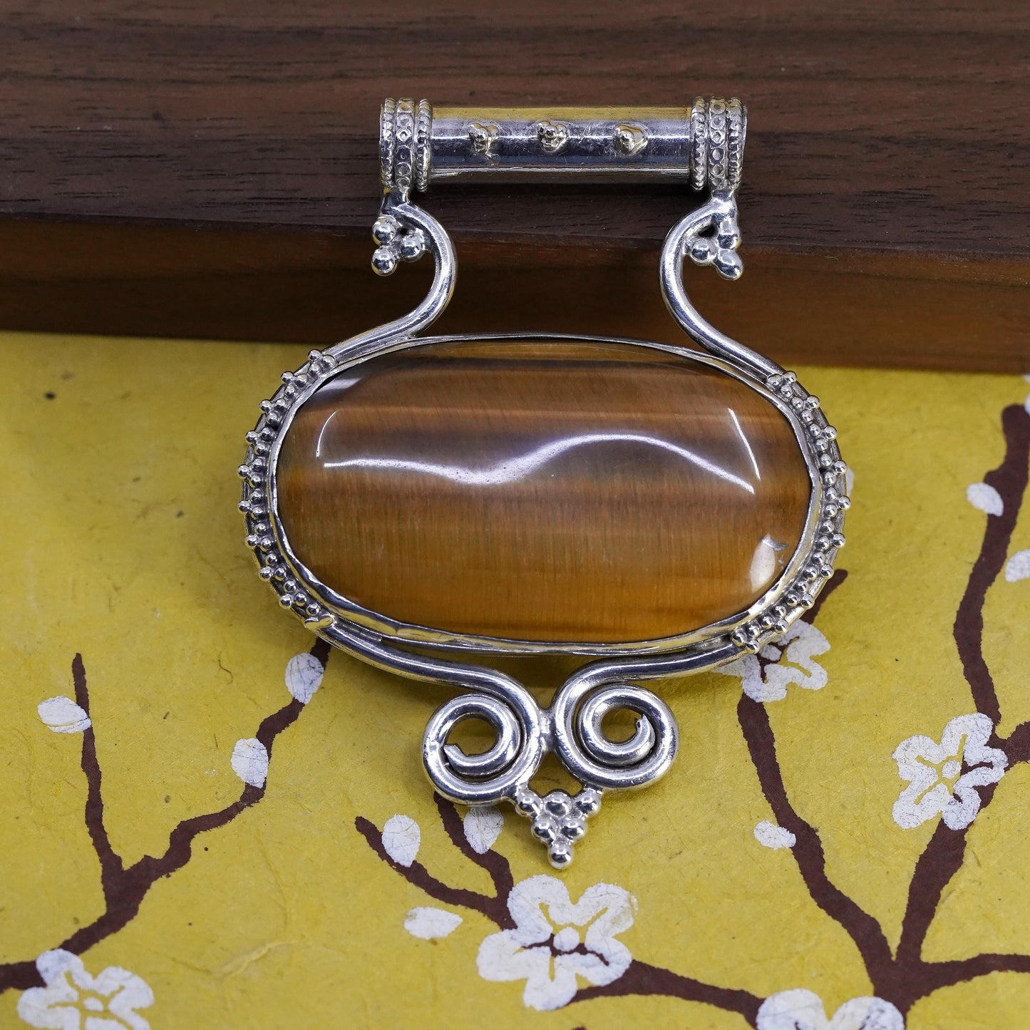 Vintage Sterling 925 silver handmade huge slide pendant golden tiger eye beads