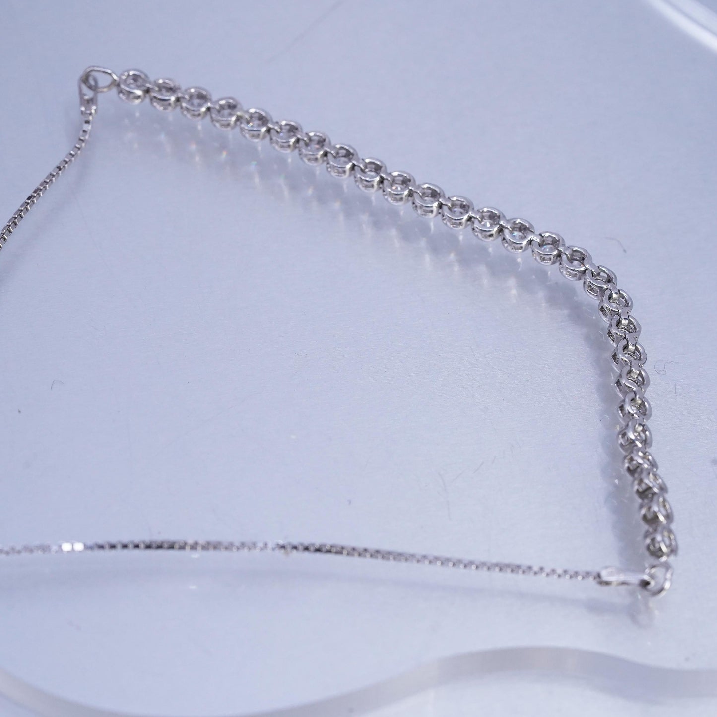 Size adjustable. Sterling 925 silver tennis bracelet, box chain cluster cz bar