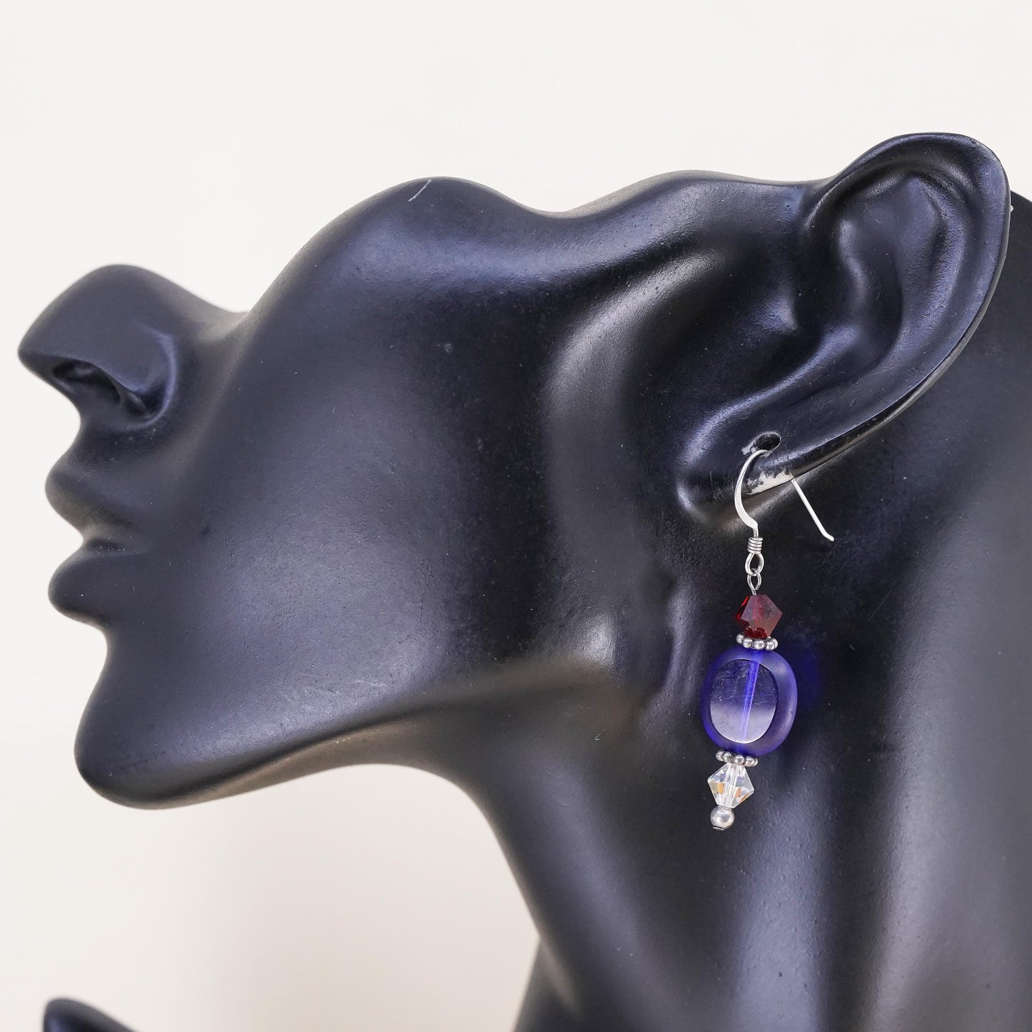VTG Sterling silver handmade earrings, 925 hooks blue artisan glass drops ruby