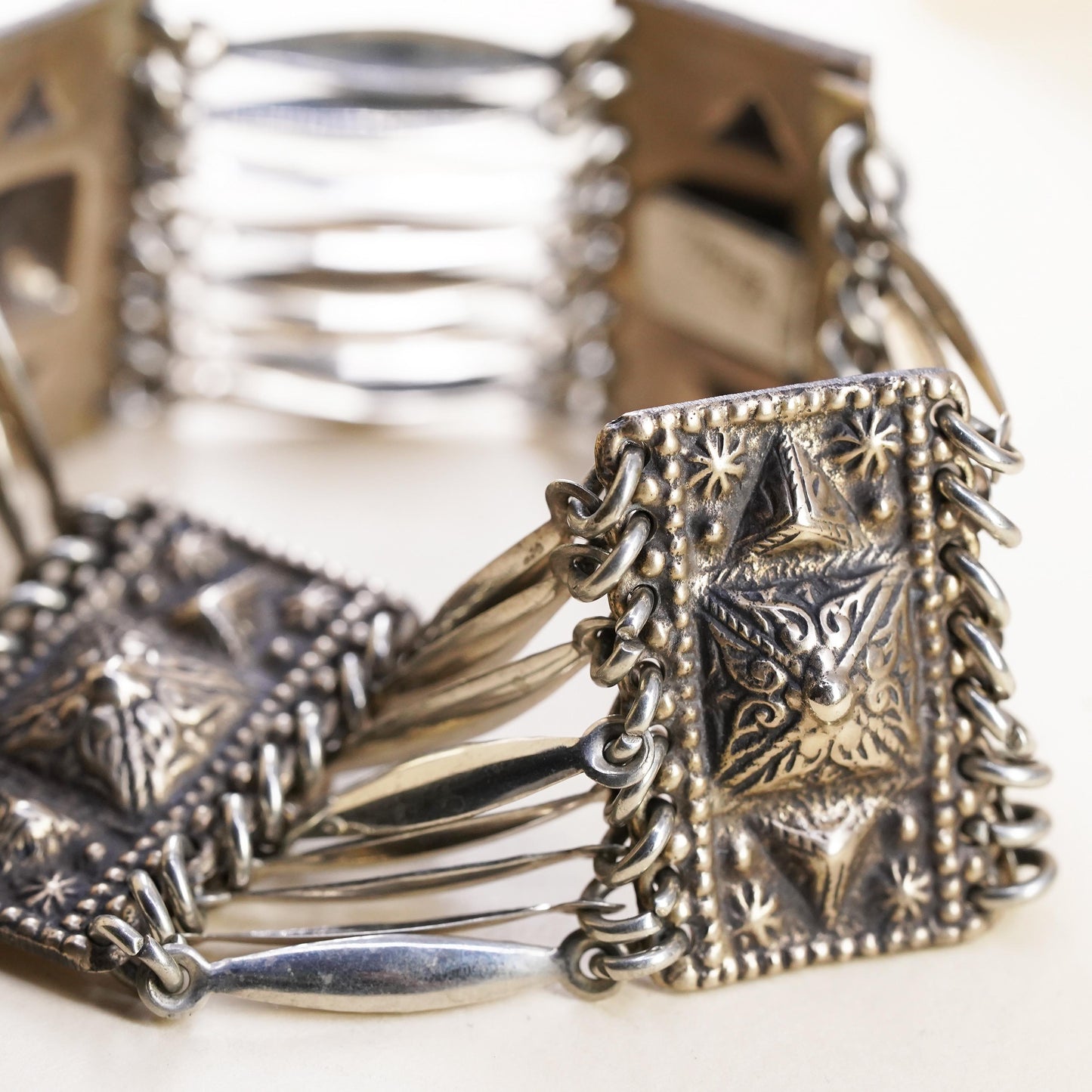7”, Vintage Sterling 925 Silver Bracelet, Ornate Tribal, Multi Strand Cuff