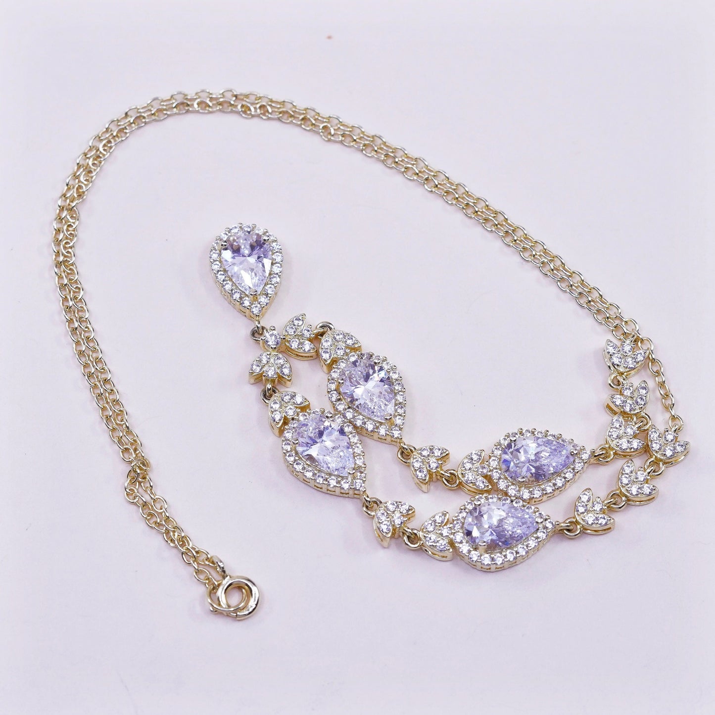 17”, 1mm, Vintage Vermeil gold over sterling silver necklace, 925 circle link chain with teardrop pendant and Cz, stamped 925 China