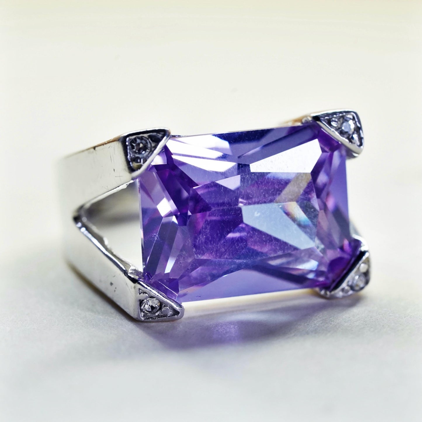 Size 6, vintage Sterling silver cocktail ring, 925 with amethyst and Cz details