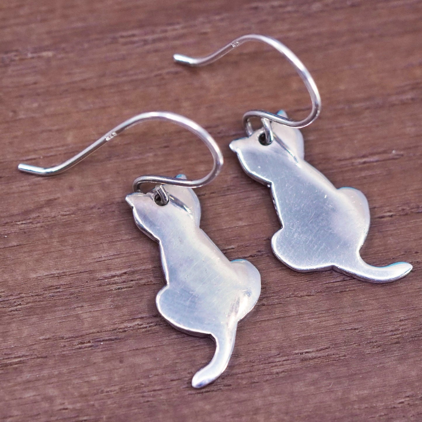Vintage sterling silver handmade earrings, 925 kitty cat dangles
