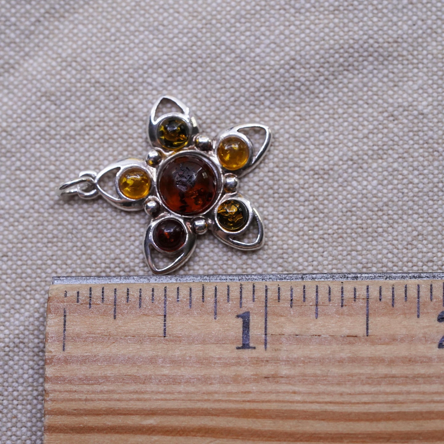 Vintage Sterling 925 silver handmade flower charm pendant with amber