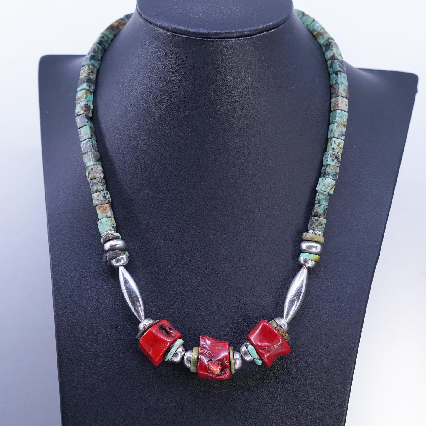 18", Native American Sterling 925 silver heishi necklace turquoise bead coral
