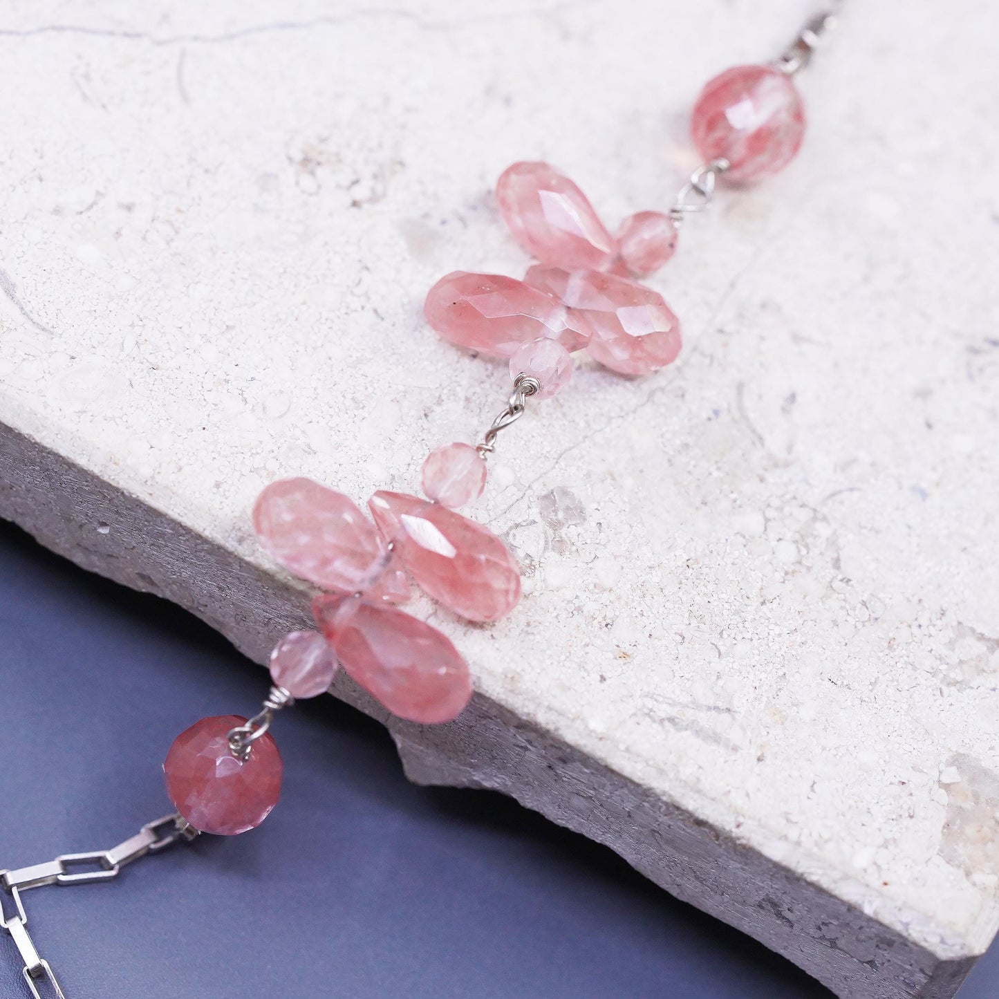 34", Sterling 925 Silver extra long necklace, elongated chain rose pink Quartz