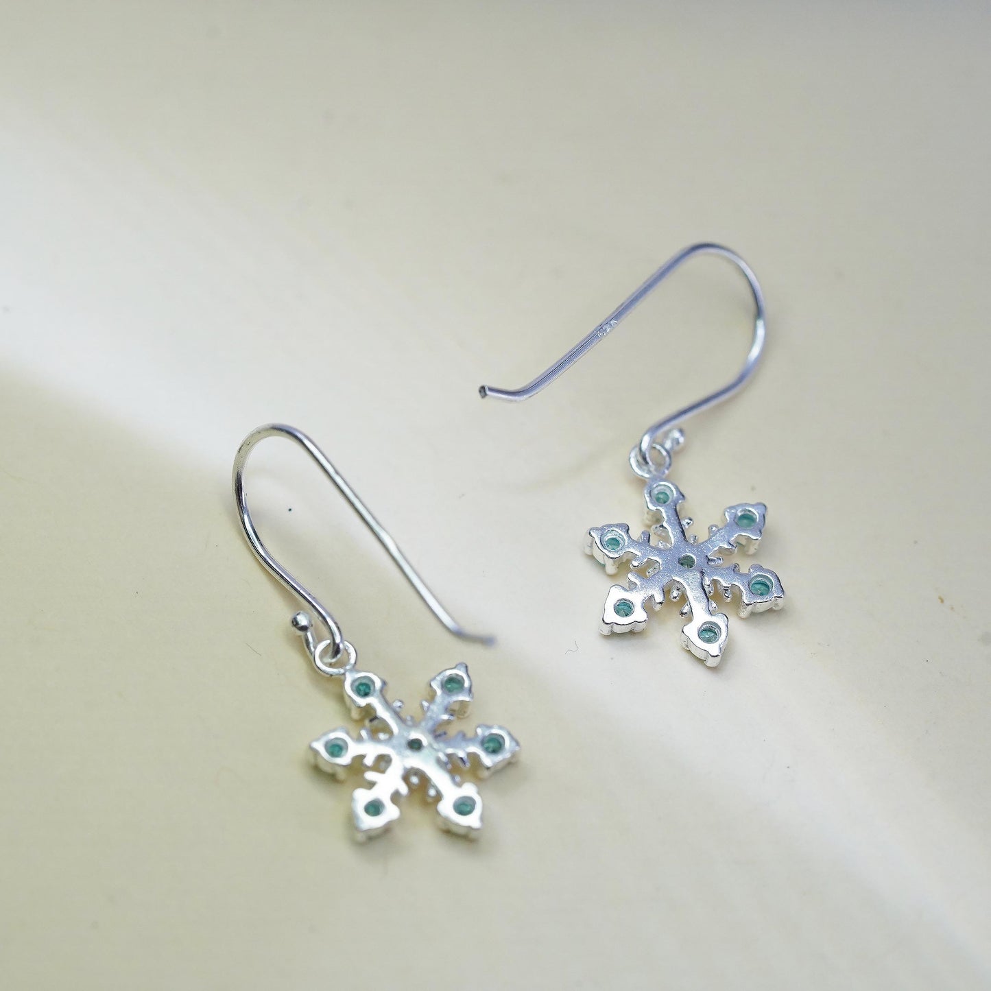 Vintage sterling silver handmade earrings, 925 snowflake drops with blue CZ
