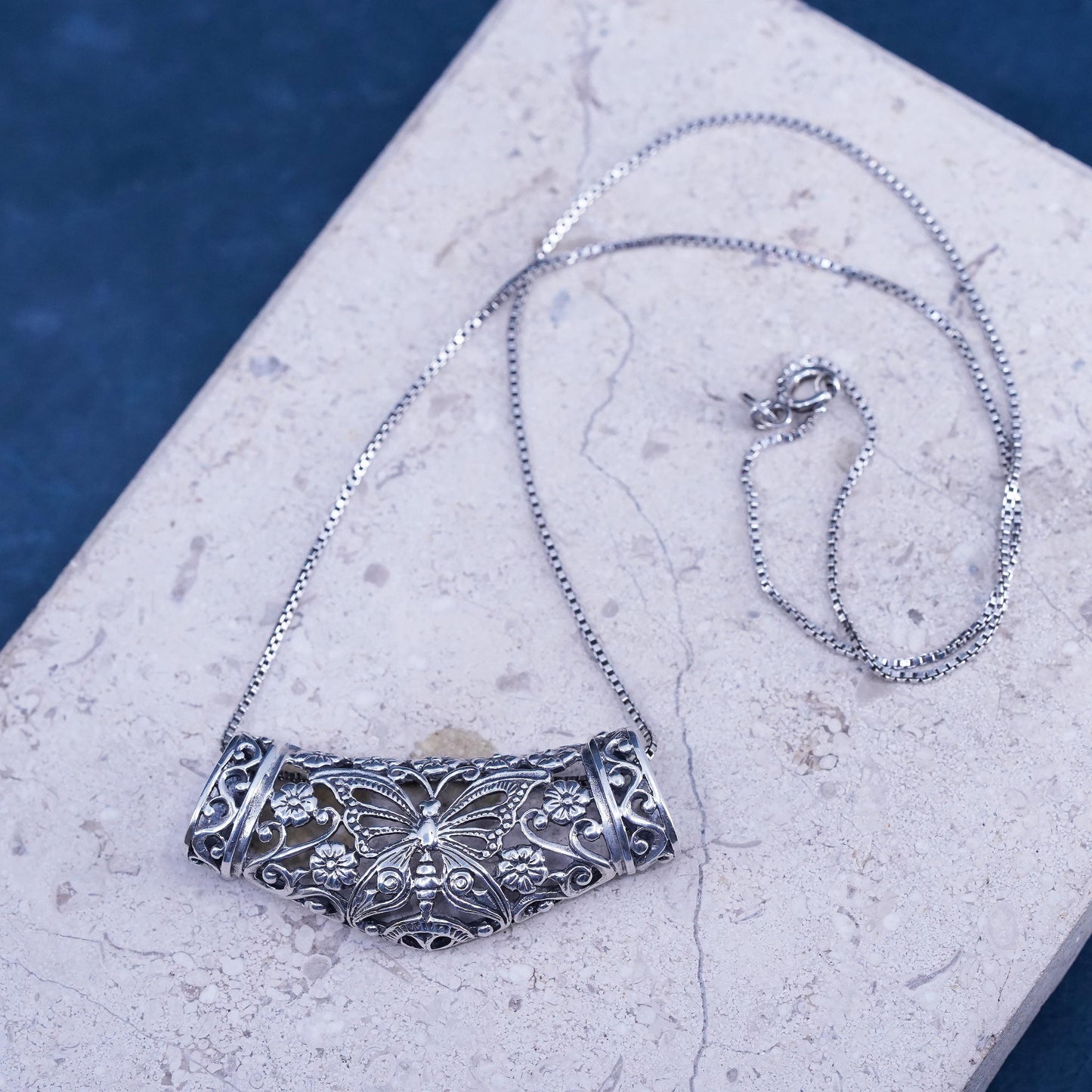 18”, Sterling 925 silver box chain necklace filigree butterfly slide pendant