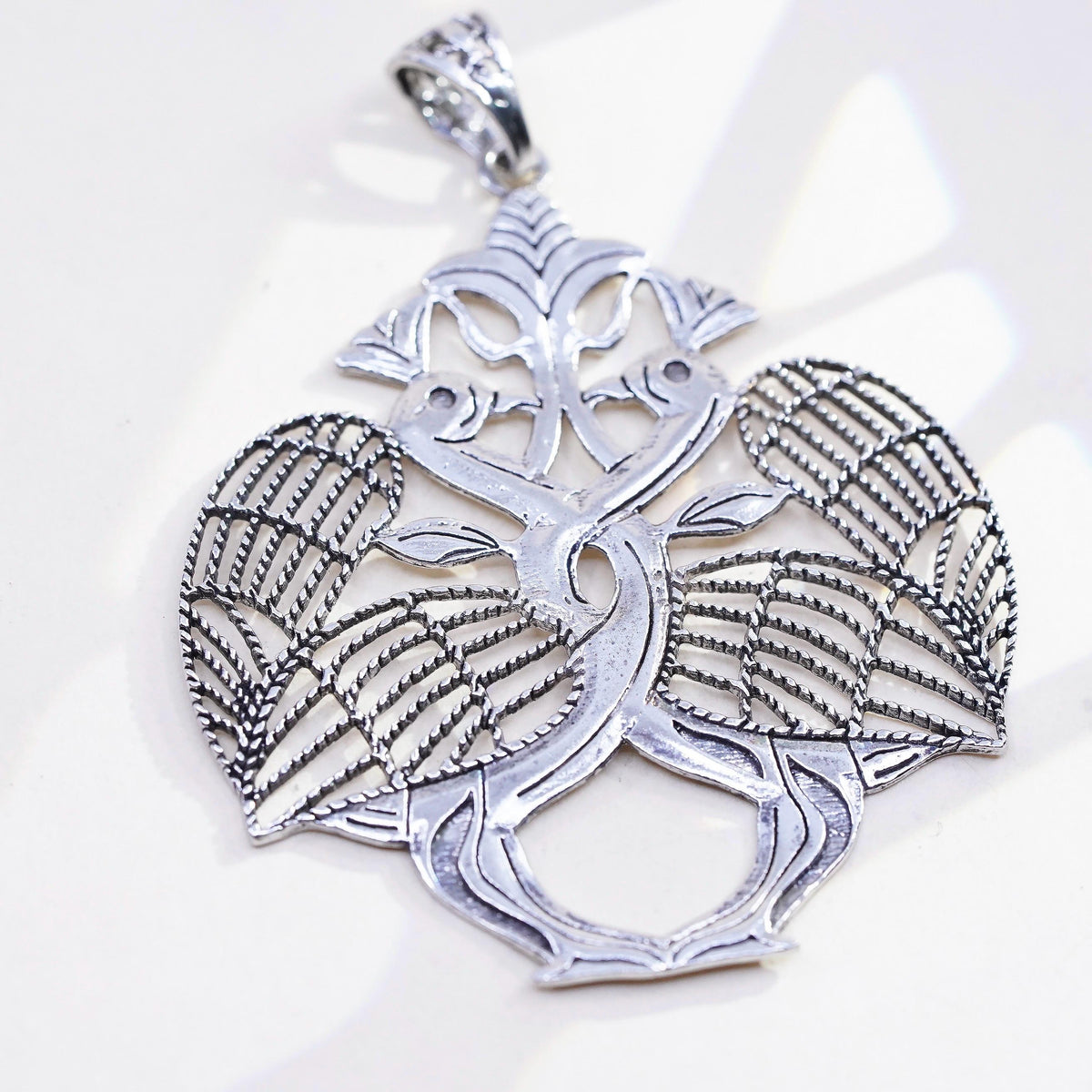 925 Sterling Silver Love Birds Tree of Life Pendant, Filigree Openwork Charm