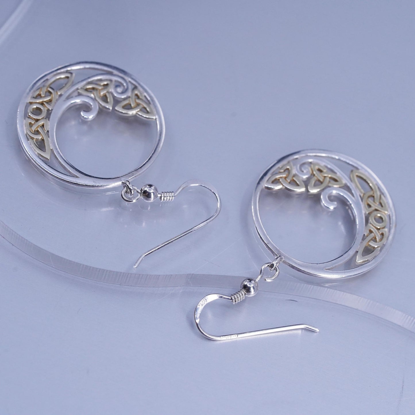 Irish Solvar two tone Sterling 925 silver filigree Celtic knot circle earrings